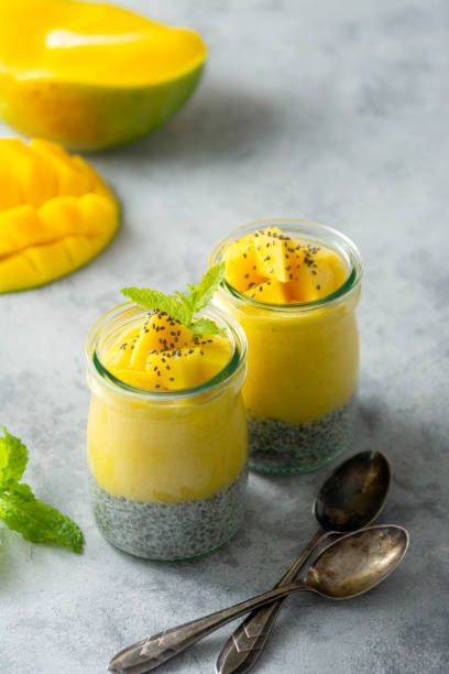 istock Chia mango pudding in glass jar. Healthy desssert treat. Clean eating 1324677401