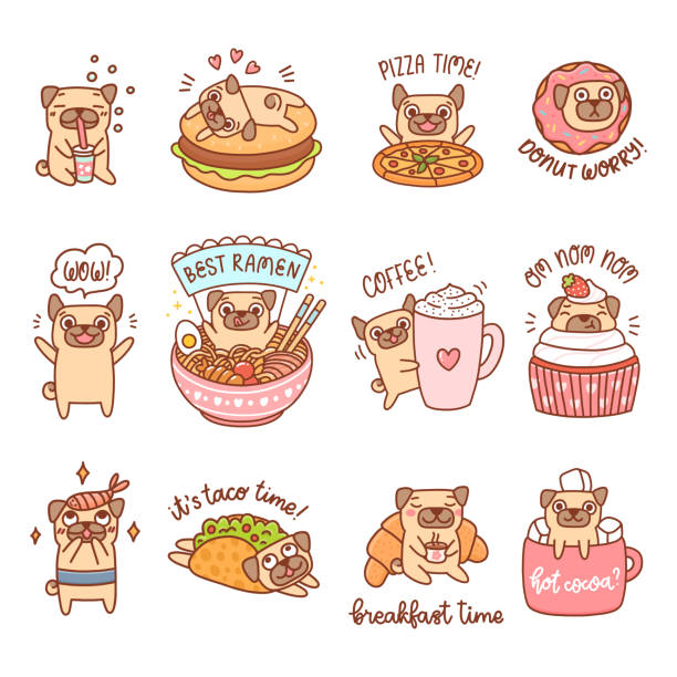 illustrazioni stock, clip art, cartoni animati e icone di tendenza di fascio di simpatico cane di razza pug isolato su sfondo bianco. - muffin coffee cartoon cake