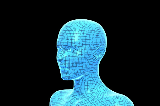 3D wireframe model of woman’s head. Isolated on black background.