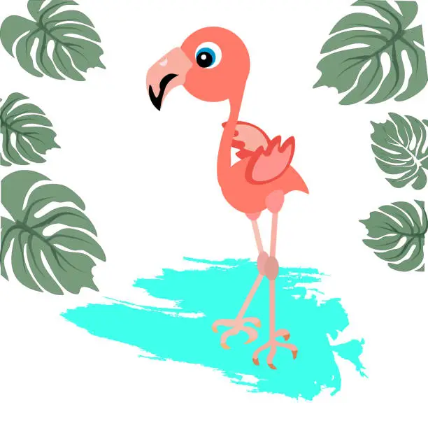 Vector illustration of A cute fabulous pink flamingo with a large beak stands in the water.