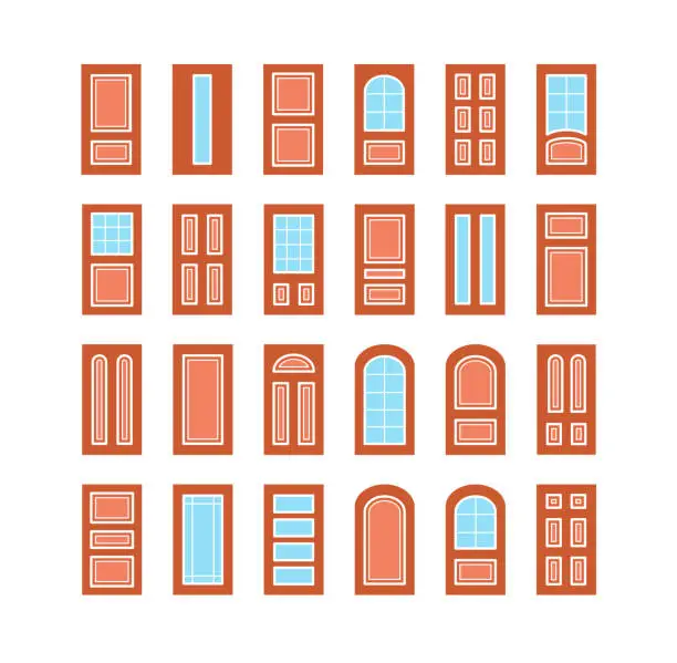 Vector illustration of Entry wooden panel and glass doors. Interior and exterior architecture elements. Front and back doors. Flat icon collection