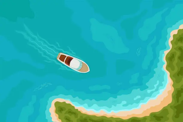 Vector illustration of Summer holiday background with speed boat sailing to a sandy beach on tropical island.