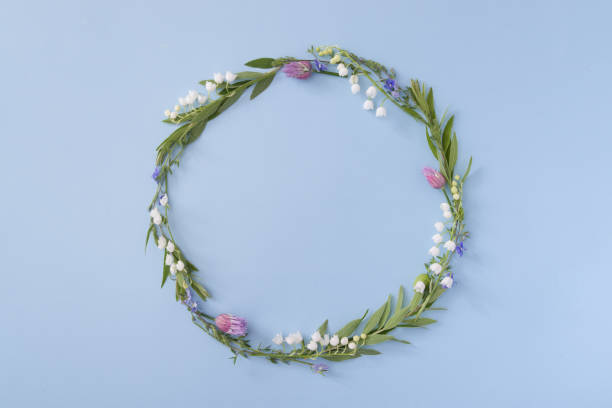 istock Floral round frame with copy space on a blue background. Summer or spring nature minimalistic background 1324682480