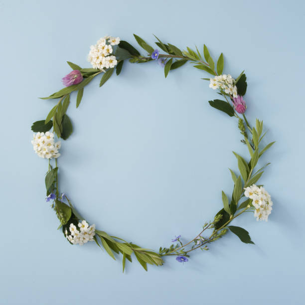 istock Floral round frame with copy space on a blue background. Summer or spring floral minimalistic background 1324682485