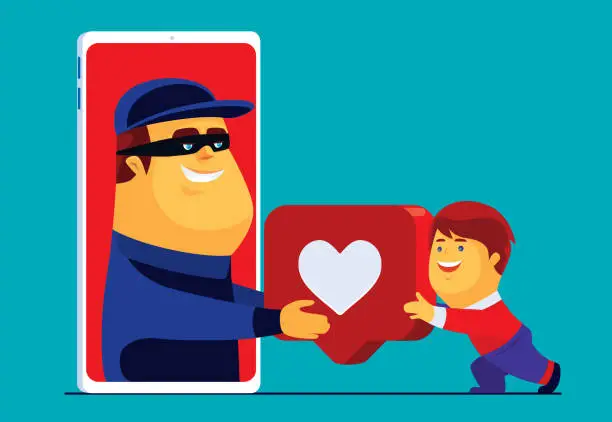 Vector illustration of scammer giving love icon to little boy via smartphone