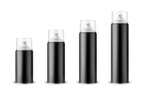 istock Vector 3d Realistic Black Aluminum Blank Spray Can, Bottle, Transparent Lid Set Isolated. Small, Medium, Big Size. Design Template, Sprayer Can, Mock up, Package, Advertising, Hairspray, Deodorant 1324682850