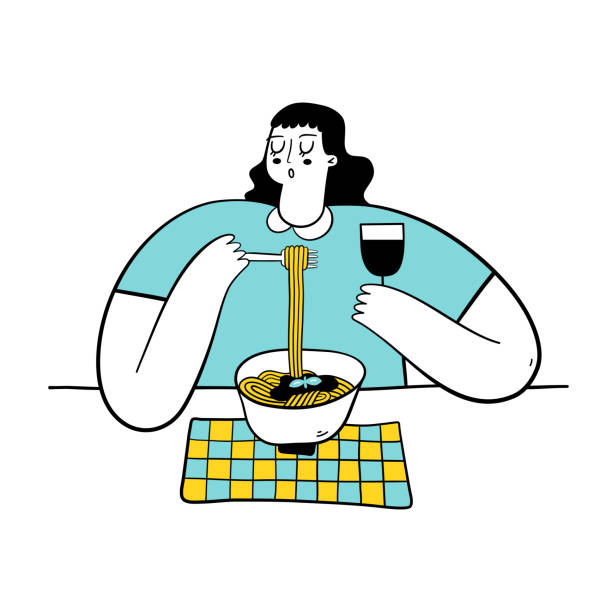ilustraciones, imágenes clip art, dibujos animados e iconos de stock de mujer joven comiendo pasta y bebiendo vino. concepto de cocina italiana. - plate hungry fork dinner