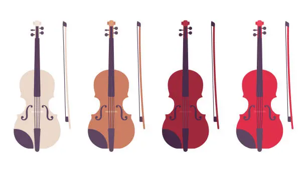 Vector illustration of Violin set with bow, bowed stringed musical instrument set