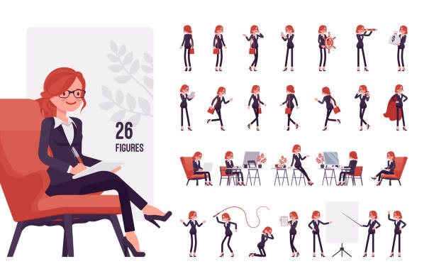 ilustrações, clipart, desenhos animados e ícones de empresária, jovem de cabelos ruivos personagem de escritório conjunto, posar sequências - business woman