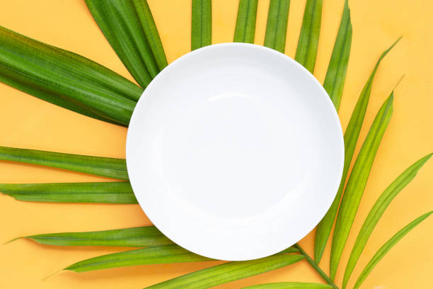 istock Empty white ceramic plate on tropical palm leaves on yellow background. Top view 1324684578
