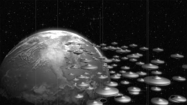 Vintage Alien Invasion: UFO Armada arriving at Earth (Black and White)