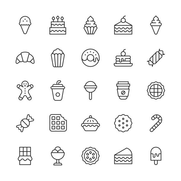 illustrations, cliparts, dessins animés et icônes de icônes de ligne de dessert. trait modifiable. contient des icônes telles que tarte aux pommes, cuisson au four, anniversaire, biscuit, brownie, gâteau, bonbons, biscuit, cuisine, croissant, dessert, beignet, nourriture, crème glacée, sucette, tarte, p - cake pie apple pie apple