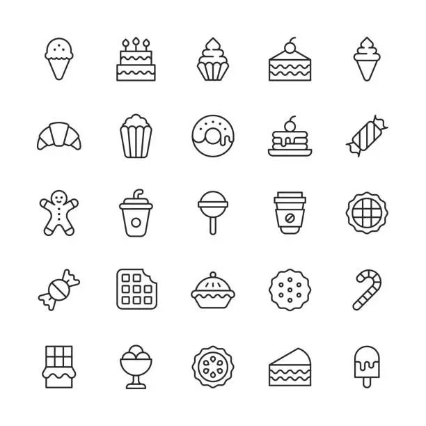 Vector illustration of Dessert Line Icons. Editable Stroke. Contains such icons as Apple Pie, Baking, Birthday, Biscuit, Brownie, Cake, Candy, Cookie, Cooking, Croissant, Dessert, Doughnut, Food, Ice Cream, Lollipop, Pie, Popcorn, Restaurant, Sugar, Waffle Chocolate.