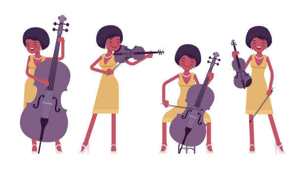 ilustrações, clipart, desenhos animados e ícones de músico, jazz, rock and roll mulher africana tocando instrumentos de corda - musical instrument string illustrations