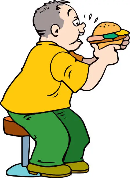 Vector illustration of Happy fat man eating a big hamburger.