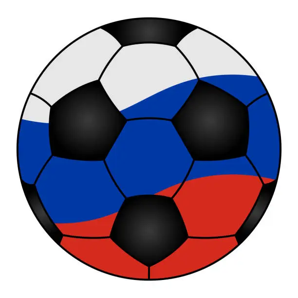 Vector illustration of Soccer ball. Sports equipment is painted in the colors of the flag of the Russian Federation. Colored vector illustration. Isolated white background. Cartoon style. A toy for playing on the sports ground.