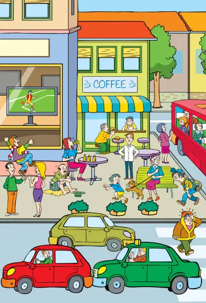 Vector illustration of City crowds on the sidewalk and streets