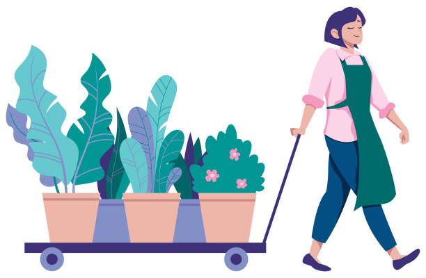 Florist Bringing Flowers Flat design illustration of young florist bringing cart full of flowers. small business owner stock illustrations
