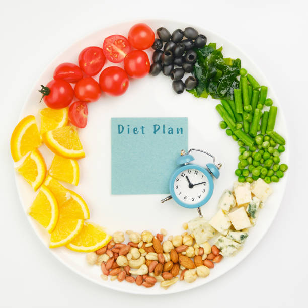istock Circle of assorted fresh food on a plate. Clock and notebook with the text Diet Plan. Dieting, intermittent fasting, weight loss and lunchtime concept. 1324690265