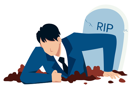 Flat design concept illustration with businessman digging himself out of his grave, as a metaphor for business recovery.