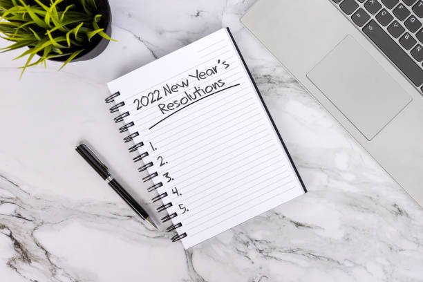 2022 New Year's Resolution Text on Note Pad stock photo