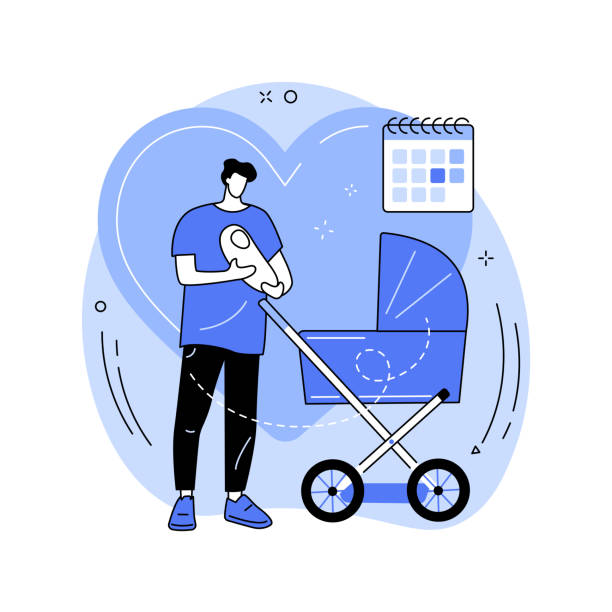 Paternity leave abstract concept vector illustration. Paternity leave abstract concept vector illustration. Happy father, take care, newborn child, walking with baby carriage, working dad, home office, watching son, changing diaper abstract metaphor. paternity stock illustrations