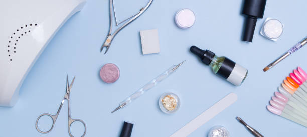 istock Tools and materials for manicure flat lay with copy space in banner format. Top view manicure background 1324692652