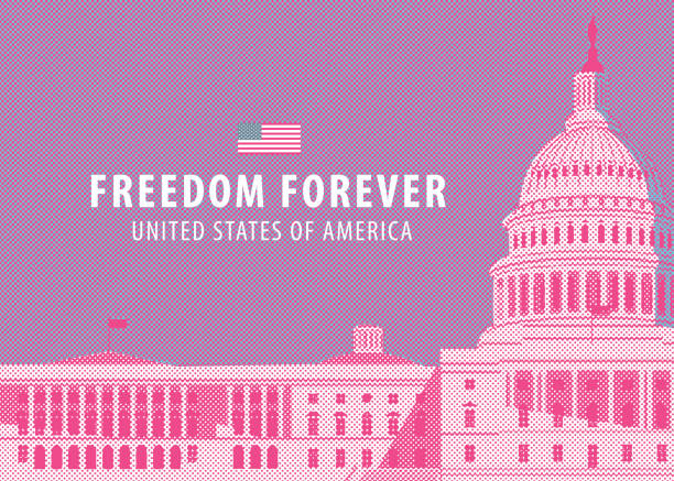 banner with us capitol building in washington dc Vector banner or card with the words Freedom forever and image of the US Capitol building in Washington, DC. Stylized illustration of American national landmark close-up in pink tones in retro style american flag house stock illustrations