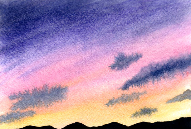 istock Simple minimalistic watercolor seascape. Beautiful romantic sunset with clouds. Hand drawn creative art. Creative background. Template for designs, card, posters. Yellow, pink, purple and blue 1324692930