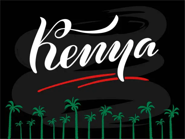 Vector illustration of Kenia white word on black background with palm trees