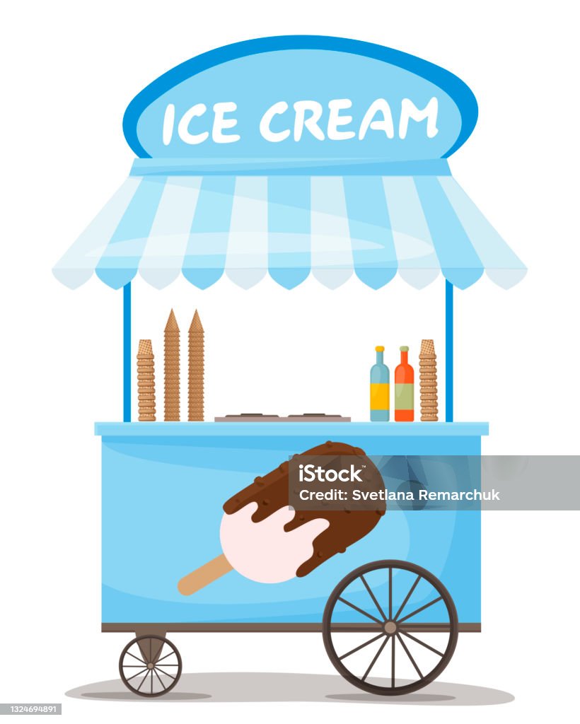 Colorful Vector Ice Cream Cart With Ice Cream Cone On The Roof Street Kiosk  Icecream Vending Booth Isolated Cartoon Object On White Background Stand  Selling Delicious Summer Dessert Sale Stock Illustration -