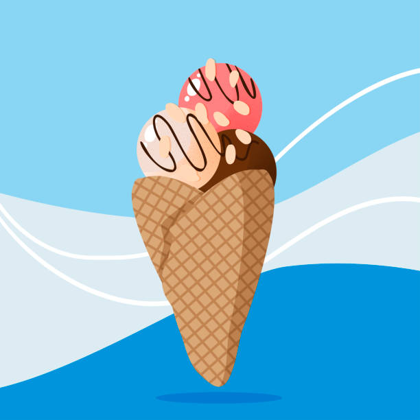 istock Strawberry chocolate and vanilla ice cream in a cone, chocolate sauce and nuts. For design, web, graphics. Cartoon flat style. Vector illustration on a juicy background. 1324694899