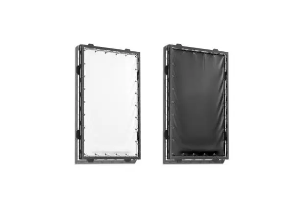 Blank black and white small stretching banner grip frame mockup, 3d rendering. Empty vertical panel for affiche mock up, side view, isolated. Clear fabric poster for commercial reclame template.