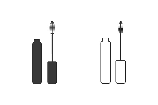 Mascara silhouette icon. Set of separate tube, eyelash brush. Black simple illustration of decorative cosmetics, makeup. Flat isolated vector