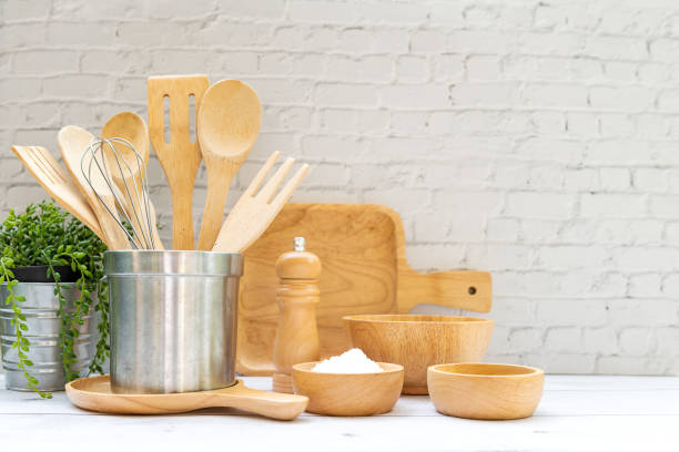 istock Kitchen tools and kitchenware utensil object with ingredients on kitchen shelf wood white for healthy eat and health care life.  Wall white brick background, copy space for text 1324698994