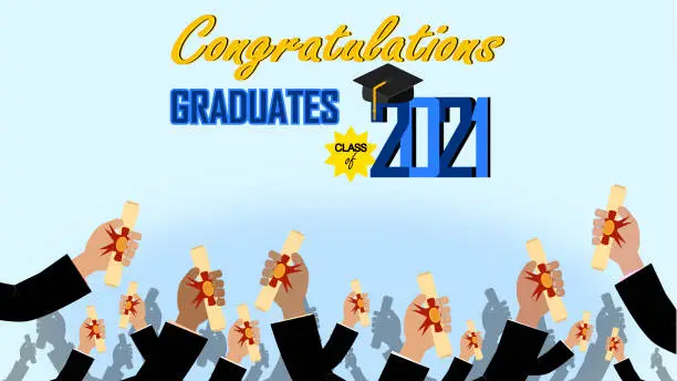 Vector illustration of Congratulations class of 2021 year graduation greeting card.