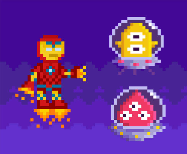 ilustrações de stock, clip art, desenhos animados e ícones de pixelated aliens in transparent saucers flying in sky near iron man in jet boots in pixel space - jet way