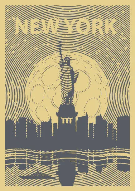 Vector illustration of banner with Statue of Liberty and night New York