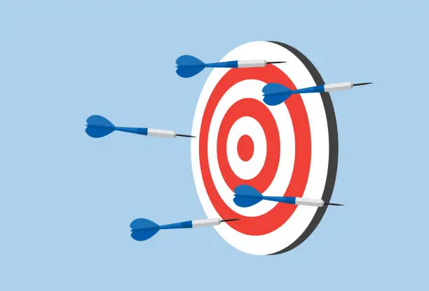 Vector illustration of Many dart arrows missing target
