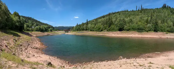 Panoramic landscape in summer at the lower lake of the dam Nagoldtalsperre, Black Forest, Germany