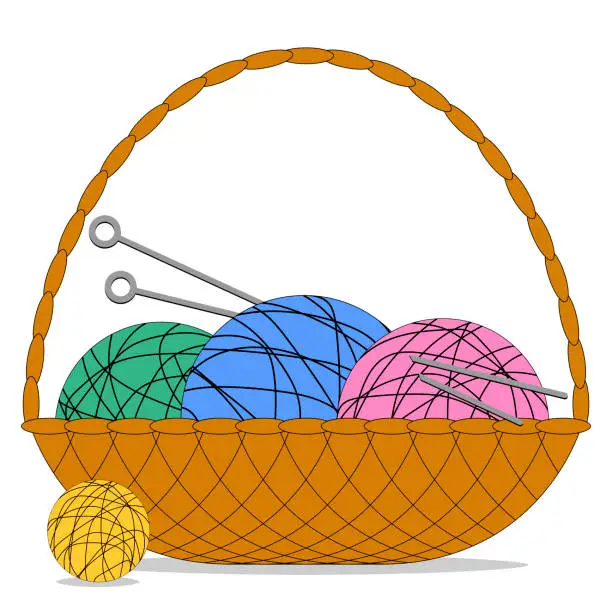 Vector illustration of colorful balls of thread lie in a wicker basket with knitting needles