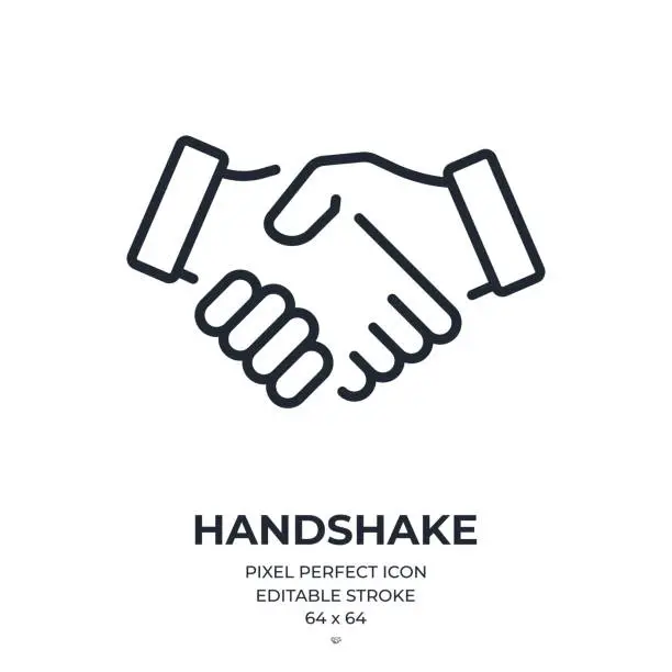 Vector illustration of Handshake editable stroke outline icon isolated on white background flat vector illustration. Pixel perfect. 64 x 64.