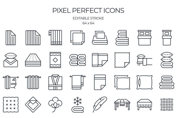 ilustrações de stock, clip art, desenhos animados e ícones de line and home textile related editable stroke outline icons set isolated on white background flat vector illustration. pixel perfect. 64 x 64. - sheet