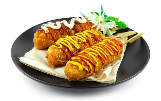 Photo of Cheese Corndog 3 Favourite Instant noodles, French fries Potato and Bread Crumbs inside Mozzarella cheese and hotgog style Korean Street Food