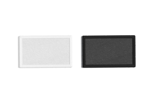 Blank black and white rectangle embroidered patch mockup, top view Blank black and white rectangle embroidered patch mockup, top view, 3d rendering. Empty sewn attachment label mock up, isolated. Clear thread element for police template. textile patch stock pictures, royalty-free photos & images