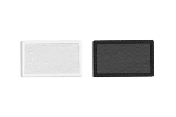Blank black and white rectangle embroidered patch mockup, top view, 3d rendering. Empty sewn attachment label mock up, isolated. Clear thread element for police template.
