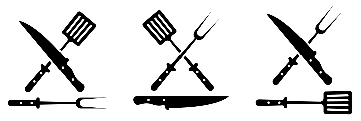 Food sign icon. Bbq utensil. Fork, knife, spatula symbol.