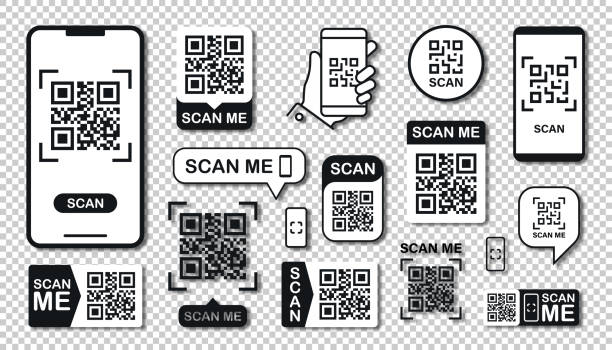 qr-code-scan-set. scannen sie mir text. smartphone-nutzung. qr-code-symbol scannen. transparenter hintergrund. vektor-illustration. - usage stock-grafiken, -clipart, -cartoons und -symbole