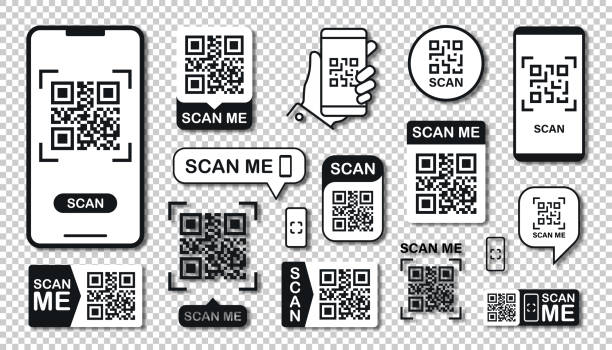 QR Code Scan Set. Scan me text. Smartphone usage. Scan QR Code icon. Transparent Background. Vector illustration. QR Code Scan Set. Scan me text. Smartphone usage. Scan QR Code icon. Vector scanning activity stock illustrations