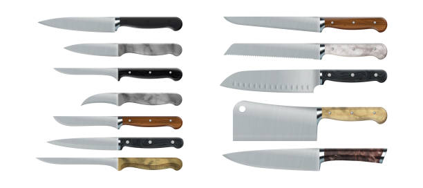 Kitchen knives. Realistic cooking tools. 3D sharp stainless steel daggers with wooden and marble handles. Isolated kitchenware set for food cutting. Vector types of cookers equipment Kitchen knives. Realistic cooking tools. 3D sharp stainless steel daggers with wooden and marble handles. Isolated metal kitchenware set for food cutting. Vector various types of cookers equipment knife weapon stock illustrations
